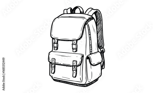 Hand-drawn backpack sketch with buckles and pockets. Vector retro hand drawn illustration