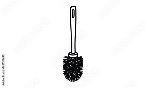 Simple black and white toilet brush illustration with plastic handle and bristles. Vector retro hand drawn illustration
