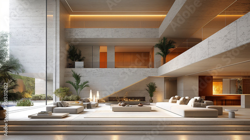 Luxurious modern interior with open atrium and elegant lounge spaces.
