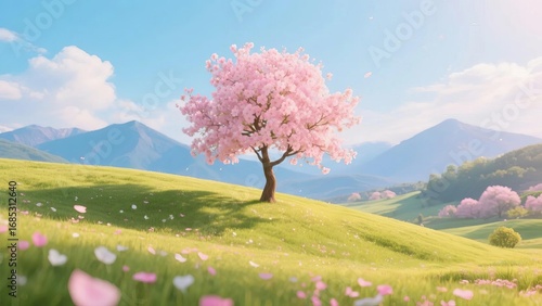 A solitary cherry blossom tree in full bloom on a lush green hillside with distant mountains under a clear blue sky.