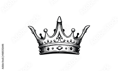 Intricate black and white ornate crown illustration with detailed design elements. Vector retro hand drawn illustration