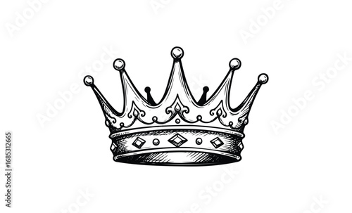 Intricate monochrome crown drawing with ornate details and jewel accents. Vector retro hand drawn illustration
