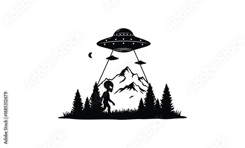 Alien and ufo in mountain forest landscape with silhouette design. Vector retro hand drawn illustration
