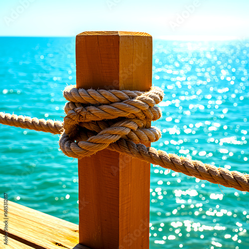 Thick weathered nautical rope securely tied around a weathered wooden post on a sunny day with sparkling blue ocean water background