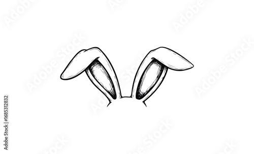 Black and white bunny ears illustration. Vector retro hand drawn illustration