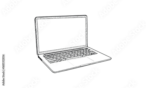 Monochrome sketch of open laptop with detailed keyboard and screen. Vector retro hand drawn illustration