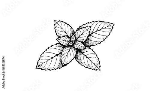 Detailed black and white illustration of mint leaves with textured lines. Vector retro hand drawn illustration