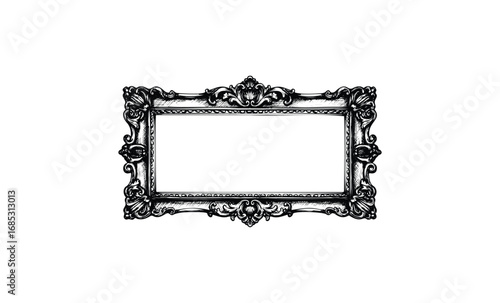 Ornate rectangular vintage baroque frame with intricate details against. Vector retro hand drawn illustration