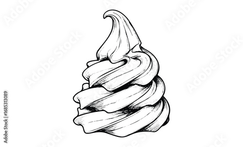 Detailed black and white illustration of soft serve ice cream cone. Vector retro hand drawn illustration