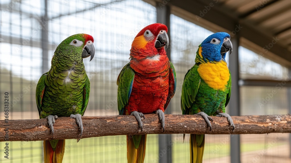 Obraz premium Three Colorful Parrots Perched on a Branch in a Serene Aviary