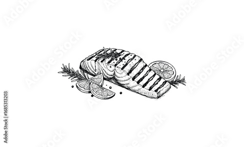Grilled salmon steak with lemon and rosemary garnish in black and white sketch. Vector retro hand drawn illustration