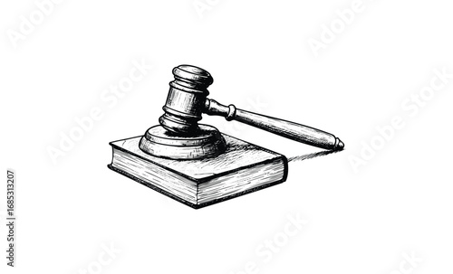 Illustration of wooden gavel on legal book symbolizing justice and authority. Vector retro hand drawn illustration