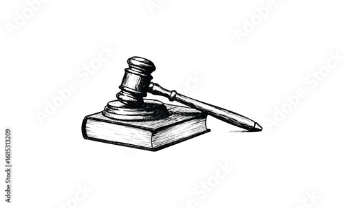 Illustration of a wooden judge's gavel and block. Vector retro hand drawn illustration
