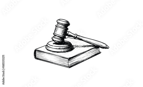 Hand-drawn judge's gavel on book with elegant detail. Vector retro hand drawn illustration