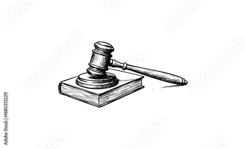 Hand-drawn wooden gavel resting on a closed book symbolizing justice and law. Vector retro hand drawn illustration