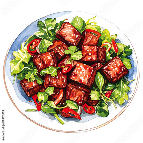 Watercolor Illustration of Bo Luc Lac – Vietnamese Shaking Beef Dish