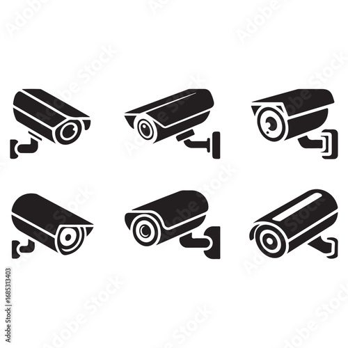Set of six security cameras surveillance technology outdoor protection systems modern electronic devices vector
