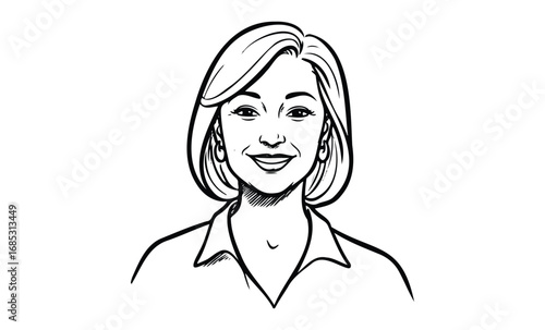 Smiling asian female adult in black and white drawing with short hair. Vector retro hand drawn illustration