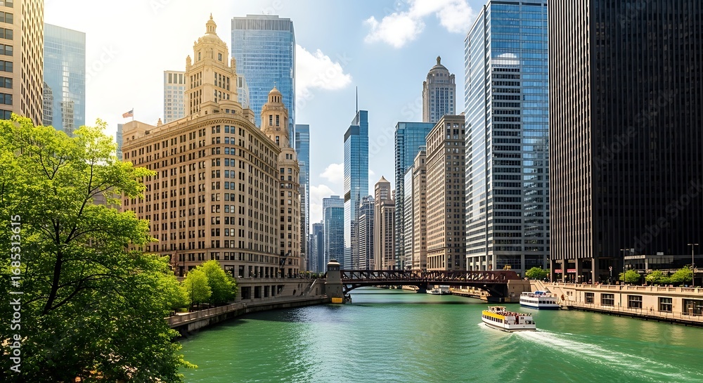 Fototapeta premium Chicago river and historic buildings on a sunny day