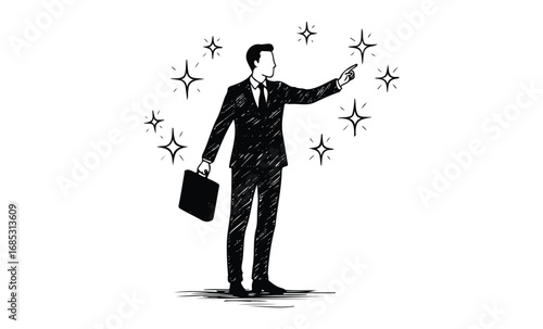 Young caucasian male businessman holding briefcase and reaching for success with stars. Vector retro hand drawn illustration