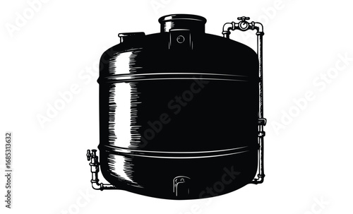Industrial steel water tank with valves and pipes. Vector retro hand drawn illustration