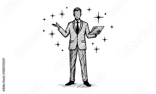 Sketch of young caucasian male professional with laptop and stars. Vector retro hand drawn illustration