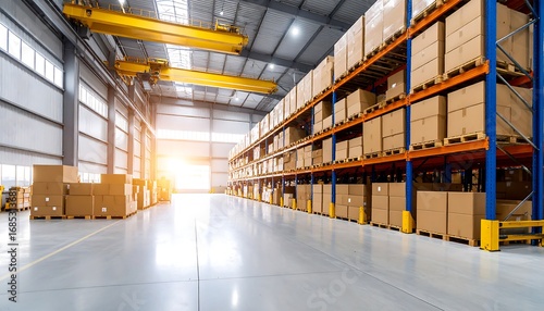 Industrial warehouse interior with high shelving and many boxes