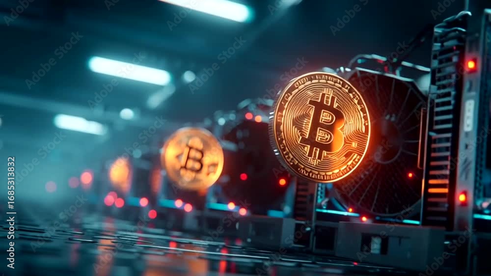 Bitcoin coins floating over a crypto mining facility