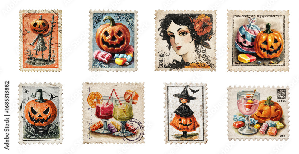 Fototapeta premium PNG Vintage Halloween postage stamps collection, element set on transparent background