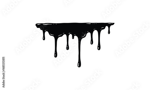 Black dripping paint on white background with fluid and artistic appearance. Vector retro hand drawn illustration