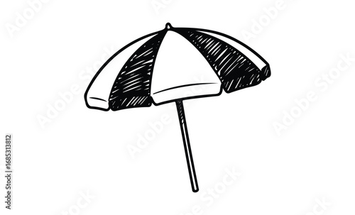 Black and white striped beach umbrella illustration. Vector retro hand drawn illustration