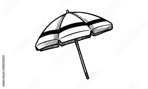 Black and white sketch of a striped beach umbrella with simple design. Vector retro hand drawn illustration