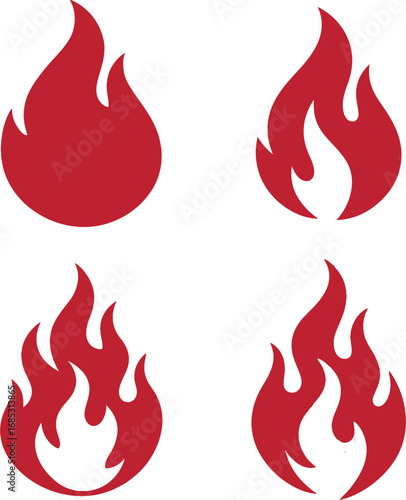 Four distinct red flame icons representing different stages of fire intensity and style variations vector