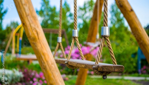Wooden swing set in a garden