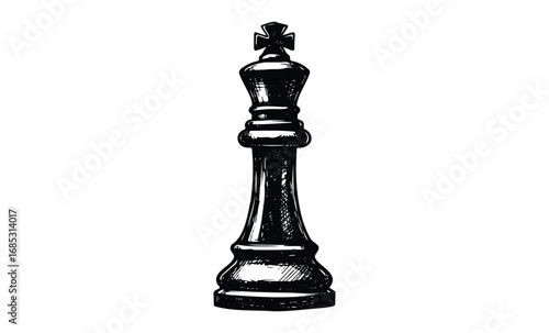 Intricately detailed black and white chess king illustration. Vector retro hand drawn illustration