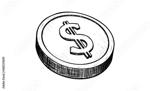 Hand-drawn dollar coin illustration sketch. Vector retro hand drawn illustration