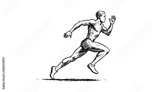Sketch of athletic male runner in full stride. Vector retro hand drawn illustration