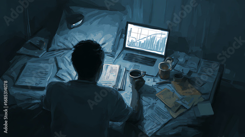 A college student studying about aspects of business profitability late at night