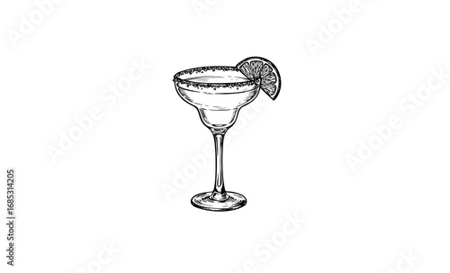 Detailed margarita cocktail sketch with lime garnish. Vector retro hand drawn illustration