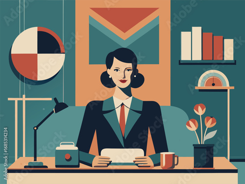 Woman in suit at desk with office supplies and charts in retro style business