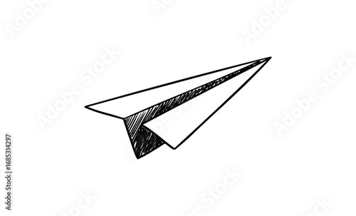 Simple black and white sketch of paper airplane. Vector retro hand drawn illustration