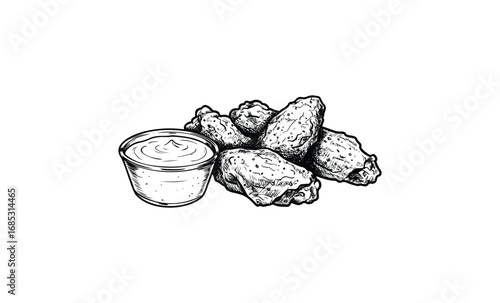 Hand-drawn chicken wings with dipping sauce illustration in black and white. Vector retro hand drawn illustration