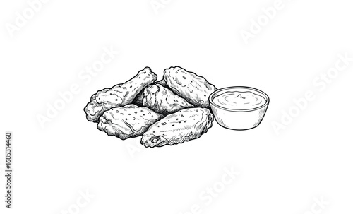 Hand-drawn chicken wings with dipping sauce illustration. Vector retro hand drawn illustration