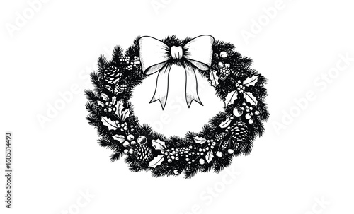 Black and white christmas wreath with ribbon and pinecones. Vector retro hand drawn illustration