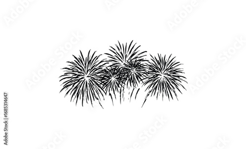 Black and white fireworks exploding in night sky illustration. Vector retro hand drawn illustration
