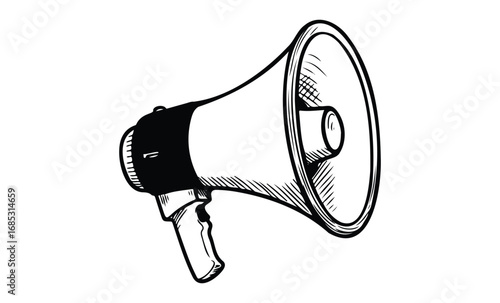 Black and white megaphone illustration with handle and speaker cone details. Vector retro hand drawn illustration