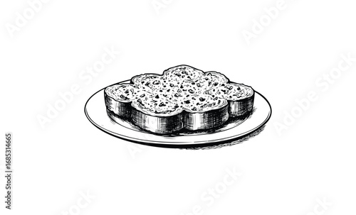 Black and white sushi roll illustration on plate. Vector retro hand drawn illustration