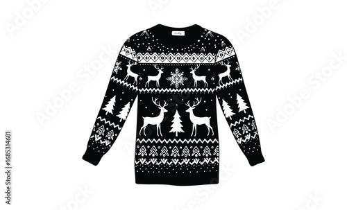 Black and white festive christmas sweater with reindeer and snowflake pattern. Vector retro hand drawn illustration