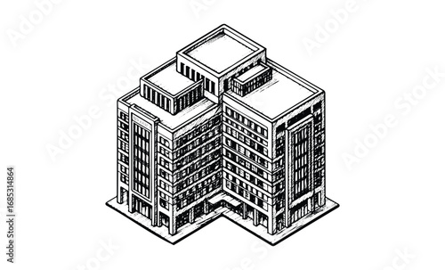 Intricate hand-drawn isometric sketch of modern multistory building. Vector retro hand drawn illustration