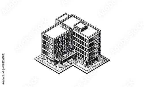 Isometric black and white illustration of a modern multi-story office building. Vector retro hand drawn illustration